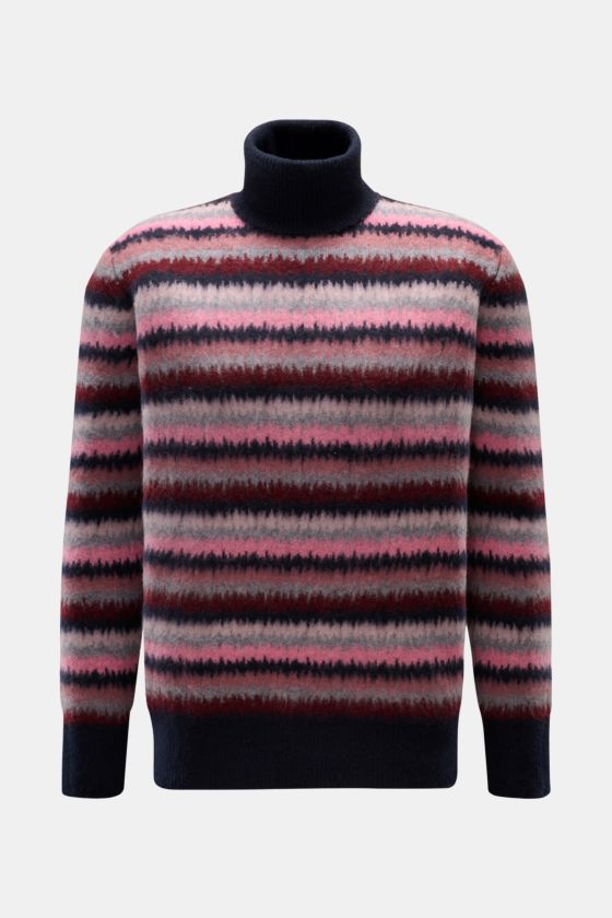 Vorderansicht des Piacenza 1733 Cashmere Rollkragenpullovers navy/rosé/grau gestreift, reiner Cashmere, sehr weicher, voluminöser Griff, stilvolles Zickzack-Streifenmuster, mittelfeines Strickbild, Regular Fit, anliegender Rollkragen, breite Rippbündchen. Vorderansicht des Piacenza 1733 Cashmere Rollkragenpullovers navy/rosé/grau gestreift, reiner Cashmere, sehr weicher, voluminöser Griff, stilvolles Zickzack-Streifenmuster, mittelfeines Strickbild, Regular Fit, anliegender Rollkragen, breite Rippbündchen.