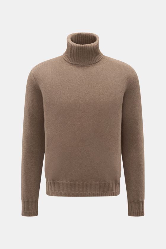 Lunaria Cashmere Cashmere Rollkragenpullover graubraun, frontal fotografiert, Slim Fit, weicher Griff, mittelfeines Strickbild, Rippstrick-Rollkragen und Rippbündchen für Komfort. Lunaria Cashmere Cashmere Rollkragenpullover graubraun, frontal fotografiert, Slim Fit, weicher Griff, mittelfeines Strickbild, Rippstrick-Rollkragen und Rippbündchen für Komfort.
