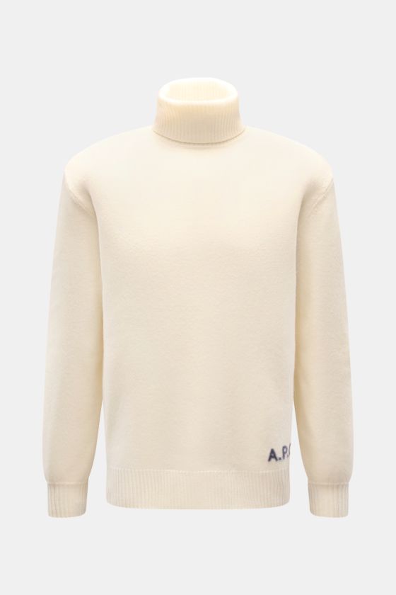 A.P.C. Rollkragenpullover 'Walter' creme, frontale Ansicht, reine Wolle, weicher Griff, mittelfeines Strickbild, Regular Fit, anliegender Rollkragen aus Rippstrick, flexible Rippbündchen, dezentes Logo auf Vorderseite. A.P.C. Rollkragenpullover 'Walter' creme, frontale Ansicht, reine Wolle, weicher Griff, mittelfeines Strickbild, Regular Fit, anliegender Rollkragen aus Rippstrick, flexible Rippbündchen, dezentes Logo auf Vorderseite.