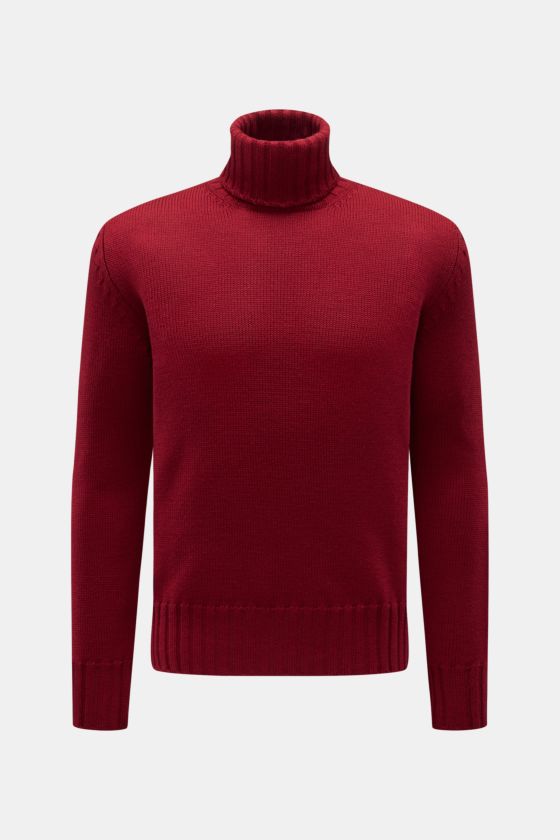 B.F. Knitwear Merino Rollkragenpullover dunkelrot, frontale Ansicht, Slim Fit, reine Merinowolle, weicher Griff, fully fashioned, mittelgrobes Strickbild, gerippter Rollkragen, flexible Rippbündchen. B.F. Knitwear Merino Rollkragenpullover dunkelrot, frontale Ansicht, Slim Fit, reine Merinowolle, weicher Griff, fully fashioned, mittelgrobes Strickbild, gerippter Rollkragen, flexible Rippbündchen.