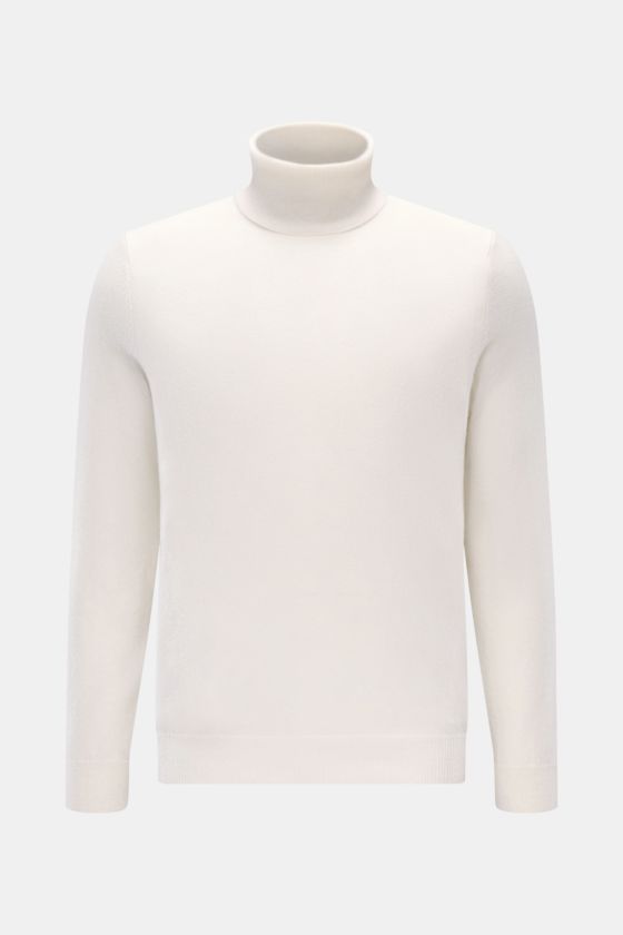 FTC Cashmere Rollkragenpullover offwhite, Slim Fit, feines Strickbild, reiner Cashmere, weicher Griff, Rippstrick-Rollkragen, frontal fotografiert. FTC Cashmere Rollkragenpullover offwhite, Slim Fit, feines Strickbild, reiner Cashmere, weicher Griff, Rippstrick-Rollkragen, frontal fotografiert.