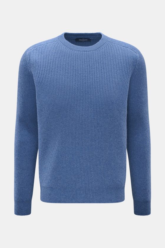 Gran Sasso Cashmere Rundhalspullover graublau meliert, Slim Fit, Rippenstrick, Rundhalsausschnitt, weicher Griff, mittlere Strickdichte, frontal fotografiert. Gran Sasso Cashmere Rundhalspullover graublau meliert, Slim Fit, Rippenstrick, Rundhalsausschnitt, weicher Griff, mittlere Strickdichte, frontal fotografiert.
