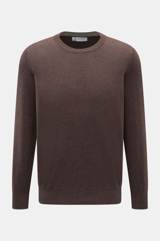 Brunello Cucinelli Cashmere Rundhalspullover braun meliert, von vorne fotografiert, Regular Fit, reiner Cashmere, weiche Haptik, feines Strickbild, Kontrastkanten, flexible Rippbündchen. Brunello Cucinelli Cashmere Rundhalspullover braun meliert, von vorne fotografiert, Regular Fit, reiner Cashmere, weiche Haptik, feines Strickbild, Kontrastkanten, flexible Rippbündchen.