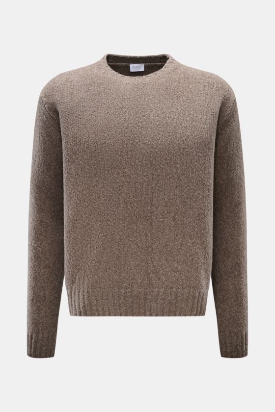 04651/ A trip in a bag Rundhalspullover 'Grainy Crew' taupe, frontale Perspektive, Bouclé-Struktur, weich, Slim Fit, Rundhalsausschnitt, Woll-Microfaser-Mix. 04651/ A trip in a bag Rundhalspullover 'Grainy Crew' taupe, frontale Perspektive, Bouclé-Struktur, weich, Slim Fit, Rundhalsausschnitt, Woll-Microfaser-Mix.