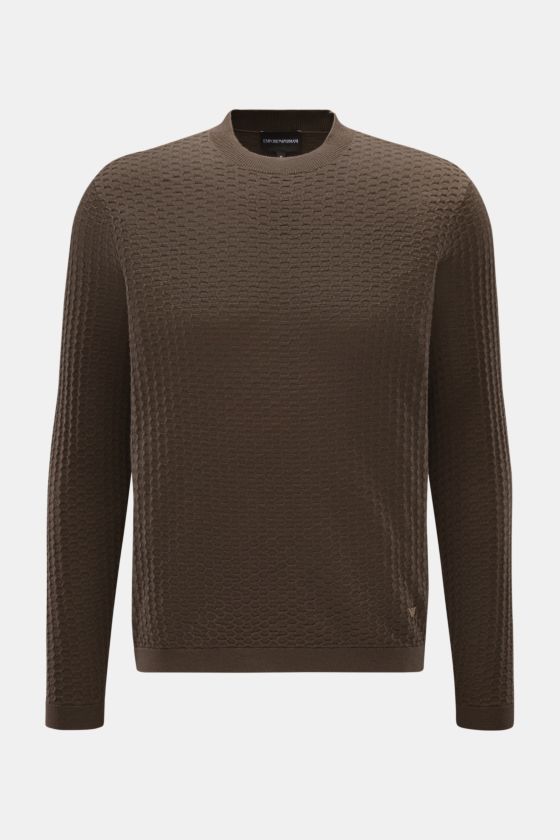 Emporio Armani Rundhalspullover graubraun in Frontansicht, leichter Strukturstrick aus reiner Schurwolle, Regular Fit, Rundhalsausschnitt, Rippbündchen, weicher Griff. Emporio Armani Rundhalspullover graubraun in Frontansicht, leichter Strukturstrick aus reiner Schurwolle, Regular Fit, Rundhalsausschnitt, Rippbündchen, weicher Griff.