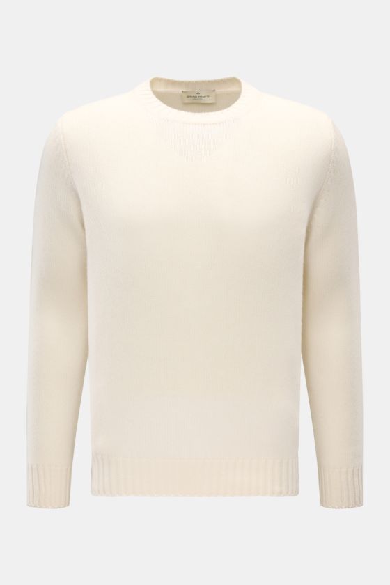 Bruno Manetti Cashmere Rundhalspullover creme, Slim Fit, mittelfeines Strickbild, weicher Griff, Rippbündchen, frontale Produktaufnahme. Bruno Manetti Cashmere Rundhalspullover creme, Slim Fit, mittelfeines Strickbild, weicher Griff, Rippbündchen, frontale Produktaufnahme.