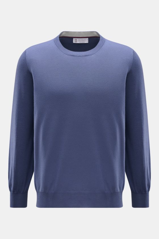 Brunello Cucinelli Rundhalspullover blau, frontale Nahaufnahme, feiner Strick aus Wolle und Cashmere, Regular Fit, schmale Kontrastkanten. Brunello Cucinelli Rundhalspullover blau, frontale Nahaufnahme, feiner Strick aus Wolle und Cashmere, Regular Fit, schmale Kontrastkanten.