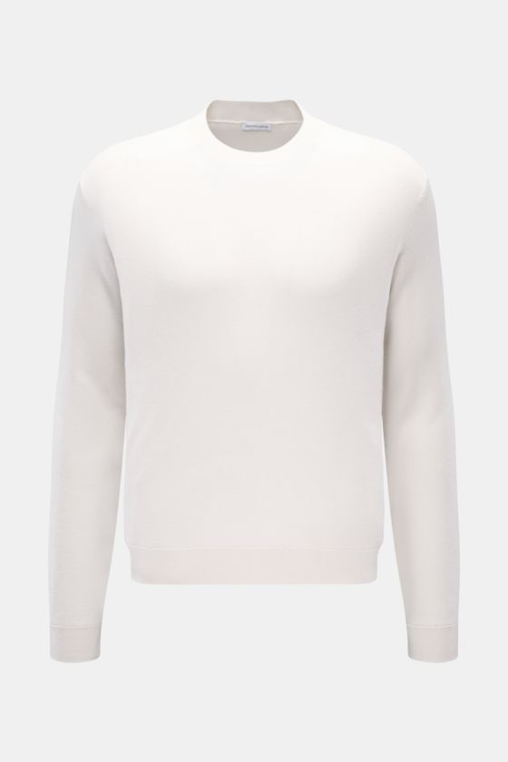 Iris von Arnim Cashmere-Seide Feinstrick-Rundhalspullover 'Presano' offwhite, frontal fotografiert, Regular Fit, weicher Griff, Piqué-Struktur, Rippbündchen. Iris von Arnim Cashmere-Seide Feinstrick-Rundhalspullover 'Presano' offwhite, frontal fotografiert, Regular Fit, weicher Griff, Piqué-Struktur, Rippbündchen.