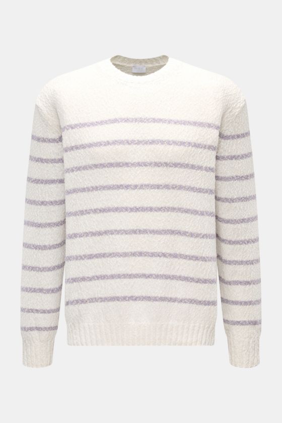 04651/ A trip in a bag Rundhalspullover 'Mouline Striped' offwhite/lavender gestreift, Grobstrick, Oversized Fit, Rundhalsausschnitt, Rippbündchen, Frontansicht 04651/ A trip in a bag Rundhalspullover 'Mouline Striped' offwhite/lavender gestreift, Grobstrick, Oversized Fit, Rundhalsausschnitt, Rippbündchen, Frontansicht