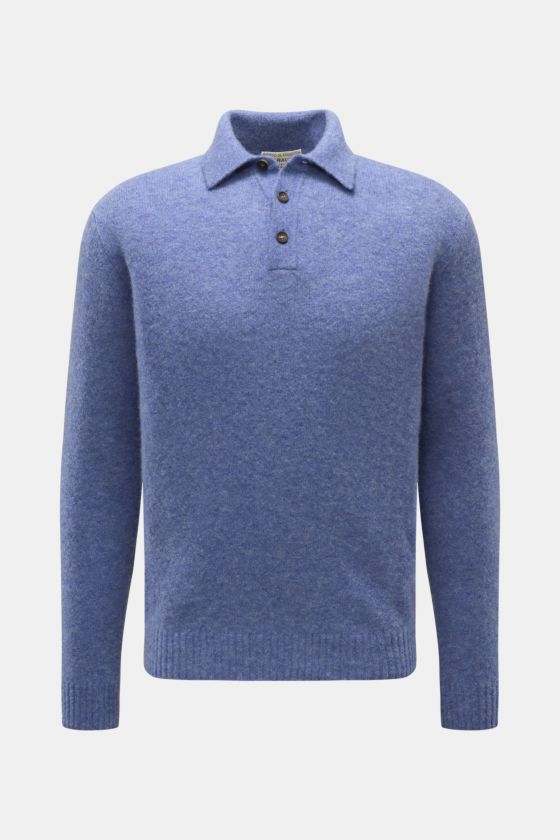 Filippo de Laurentiis Strickpolo rauchblau meliert, Slim Fit, aus Cashmere, Seide, Microfaser, feines Strickbild, Polokragen, 3-Knopf-Leiste, Rippbündchen, frontale Aufnahme. Filippo de Laurentiis Strickpolo rauchblau meliert, Slim Fit, aus Cashmere, Seide, Microfaser, feines Strickbild, Polokragen, 3-Knopf-Leiste, Rippbündchen, frontale Aufnahme.