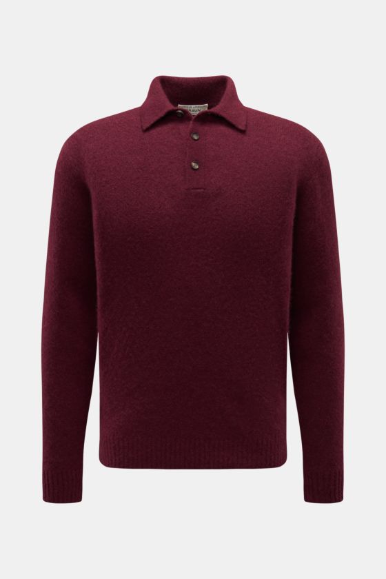 Filippo de Laurentiis Strickpolo bordeaux, frontal, Slim Fit, Polokragen, Drei-Knopf-Leiste, Rippbündchen, feines Strickbild, weich, aus Cashmere, Seide, Microfaser. Filippo de Laurentiis Strickpolo bordeaux, frontal, Slim Fit, Polokragen, Drei-Knopf-Leiste, Rippbündchen, feines Strickbild, weich, aus Cashmere, Seide, Microfaser.