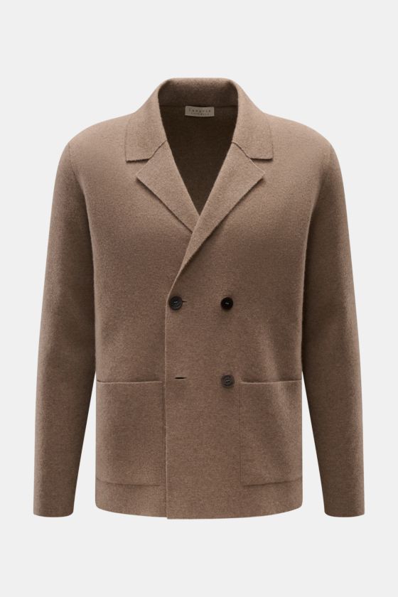 Lunaria Cashmere Cashmere Cardigan graubraun meliert, zweireihig, Reverskragen, aufgesetzte Taschen, feiner Strick, von vorne fotografiert, Regular Fit. Lunaria Cashmere Cashmere Cardigan graubraun meliert, zweireihig, Reverskragen, aufgesetzte Taschen, feiner Strick, von vorne fotografiert, Regular Fit.