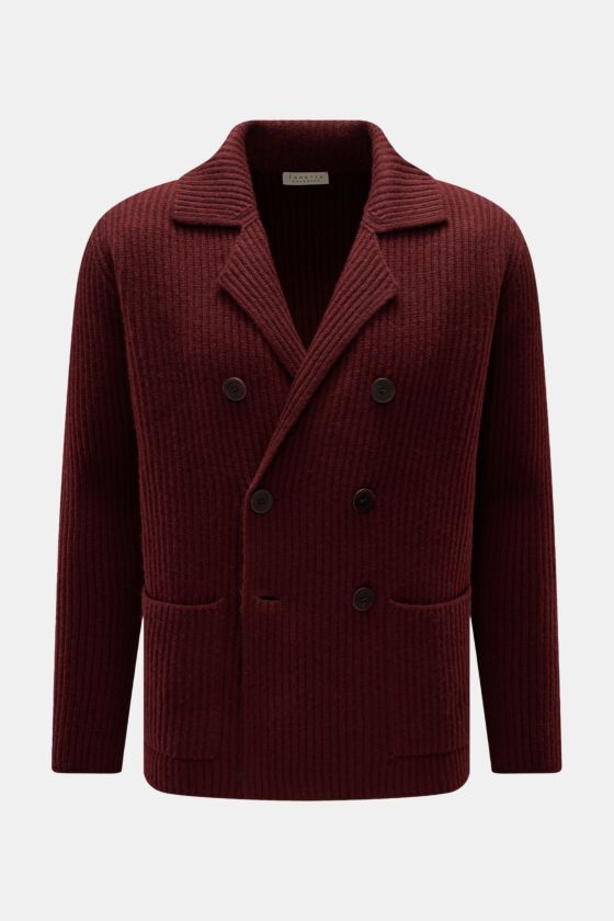 Lunaria Cashmere Cashmere Cardigan bordeaux in Frontansicht, zweireihig mit Reverskragen, voluminösem Patent-Strick, Regular Fit, aufgesetzten Taschen, weicher Griff. Lunaria Cashmere Cashmere Cardigan bordeaux in Frontansicht, zweireihig mit Reverskragen, voluminösem Patent-Strick, Regular Fit, aufgesetzten Taschen, weicher Griff.