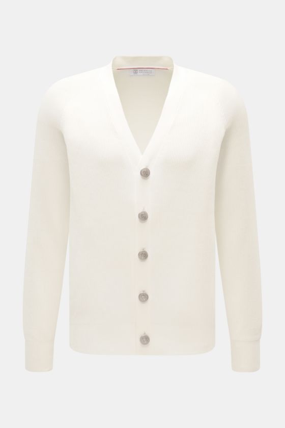 Brunello Cucinelli Cardigan offwhite, frontale Nahaufnahme, Patentstrick aus reiner Baumwolle, Wappen-Knöpfe, Regular Fit, flexible Rippbündchen. Brunello Cucinelli Cardigan offwhite, frontale Nahaufnahme, Patentstrick aus reiner Baumwolle, Wappen-Knöpfe, Regular Fit, flexible Rippbündchen.