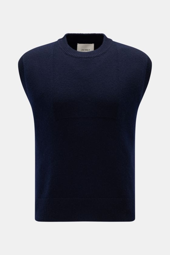 Lisa Yang Cashmere Pullunder 'Dennis' navy, frontal fotografiert, Slim Fit, reiner Cashmere, weicher Griff, Rundhalsausschnitt, Rippstrick-Saum. Lisa Yang Cashmere Pullunder 'Dennis' navy, frontal fotografiert, Slim Fit, reiner Cashmere, weicher Griff, Rundhalsausschnitt, Rippstrick-Saum.