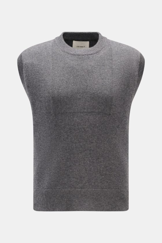 Lisa Yang Cashmere Pullunder 'Dennis' grau meliert, Frontansicht, Slim Fit, Rundhalsausschnitt, reiner Cashmere, weicher Griff, feines Strickbild, Rippstrick-Saum. Lisa Yang Cashmere Pullunder 'Dennis' grau meliert, Frontansicht, Slim Fit, Rundhalsausschnitt, reiner Cashmere, weicher Griff, feines Strickbild, Rippstrick-Saum.