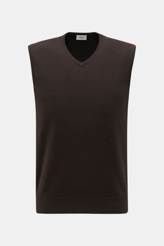 von Braun Cashmere Pullunder dunkelbraun, frontal fotografiert, aus reinem Cashmere aus der Mongolei, sehr weich, feines Strickbild, Slim Fit, elastische Rippbündchen, geschmeidiges Layering-Piece. von Braun Cashmere Pullunder dunkelbraun, frontal fotografiert, aus reinem Cashmere aus der Mongolei, sehr weich, feines Strickbild, Slim Fit, elastische Rippbündchen, geschmeidiges Layering-Piece.