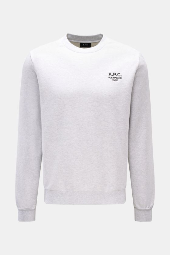 A.P.C. Rundhals-Sweatshirt 'Standard Rue Madame' grau meliert, frontal fotografiert, minimalistisch mit farblich abgesetztem Logo, slim Fit, weiche Baumwolle, komfortable Rippbündchen. A.P.C. Rundhals-Sweatshirt 'Standard Rue Madame' grau meliert, frontal fotografiert, minimalistisch mit farblich abgesetztem Logo, slim Fit, weiche Baumwolle, komfortable Rippbündchen.