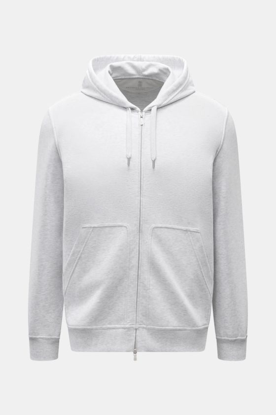 Brunello Cucinelli Sweatjacke hellgrau, frontale Ansicht, leichte Baumwoll-Jersey mit Kapuze, Kängurutasche, Rippbündchen, Regular Fit, Zwei-Wege-Reißverschluss. Brunello Cucinelli Sweatjacke hellgrau, frontale Ansicht, leichte Baumwoll-Jersey mit Kapuze, Kängurutasche, Rippbündchen, Regular Fit, Zwei-Wege-Reißverschluss.