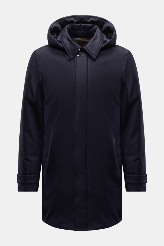 Moorer Daunenparka 'Vido' dark navy, frontal fotografiert, mit abnehmbarer Kapuze, Woll-Cashmere-Mix, wasserabweisend und slim fit. Moorer Daunenparka 'Vido' dark navy, frontal fotografiert, mit abnehmbarer Kapuze, Woll-Cashmere-Mix, wasserabweisend und slim fit.