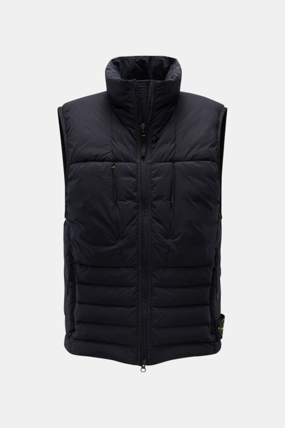 Stone Island Daunenweste 'Seamless Tunnel Nylon Down' navy, Frontansicht, wind- und wasserabweisend, Slim Fit, wattierter Kragen. Stone Island Daunenweste 'Seamless Tunnel Nylon Down' navy, Frontansicht, wind- und wasserabweisend, Slim Fit, wattierter Kragen.