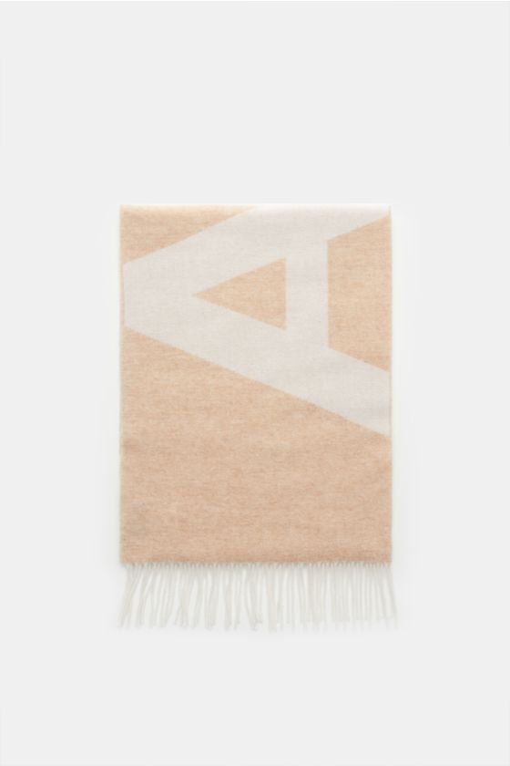 A.P.C. Schal beige/creme, liegend von oben fotografiert, Mix aus Wolle und Microfaser, weicher Griff, Doubleface, A.P.C.-Logo, Fransensaum, ca. 205x38 cm. A.P.C. Schal beige/creme, liegend von oben fotografiert, Mix aus Wolle und Microfaser, weicher Griff, Doubleface, A.P.C.-Logo, Fransensaum, ca. 205x38 cm.