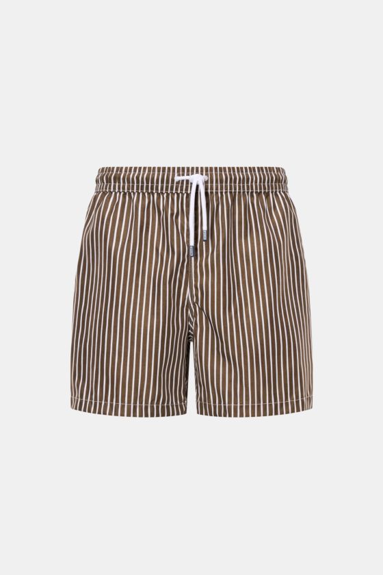 Fedeli Badeshorts 'Madeira Airstop' dunkelbraun/weiß gestreift, schnelltrocknend, Regular Fit, elastischer Bund, Frontansicht von vorne. Fedeli Badeshorts 'Madeira Airstop' dunkelbraun/weiß gestreift, schnelltrocknend, Regular Fit, elastischer Bund, Frontansicht von vorne.