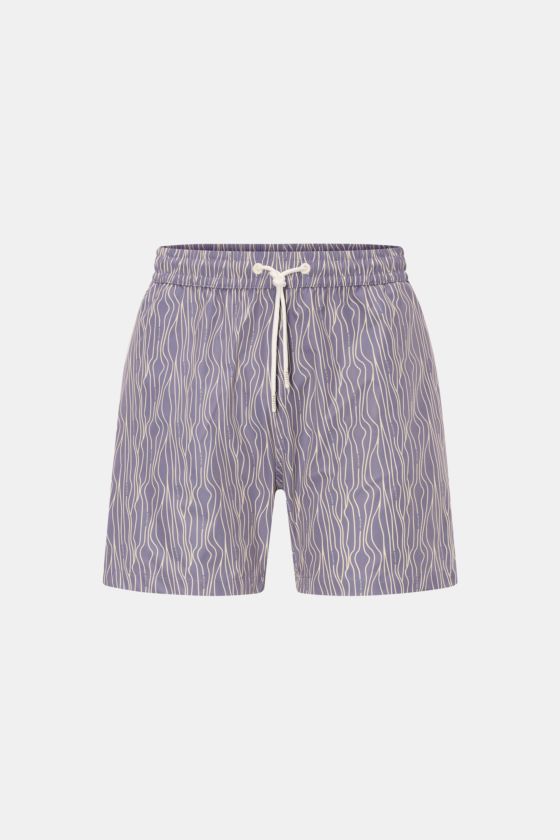 Frontansicht der 04651/ A trip in a bag Badeshorts 'Superkilen' lavender/pastellgelb gemustert mit elastischem Bund, Tunnelzug und seitlichen Taschen. Frontansicht der 04651/ A trip in a bag Badeshorts 'Superkilen' lavender/pastellgelb gemustert mit elastischem Bund, Tunnelzug und seitlichen Taschen.
