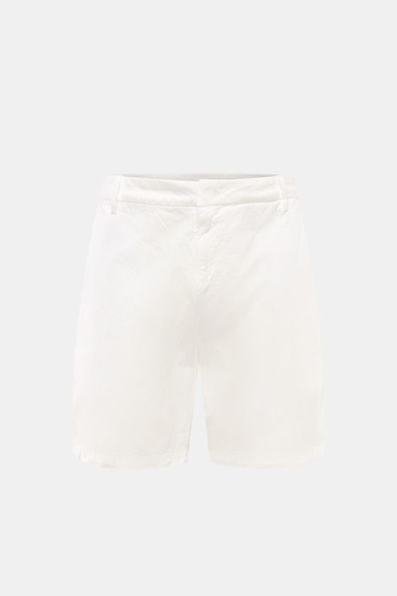 Dondup Seersucker-Shorts 'Manheim' weiß, Frontansicht, leichte Baumwoll-Seersucker-Qualität, Regular Fit, französische Taschen, Metall-Initial. Dondup Seersucker-Shorts 'Manheim' weiß, Frontansicht, leichte Baumwoll-Seersucker-Qualität, Regular Fit, französische Taschen, Metall-Initial.