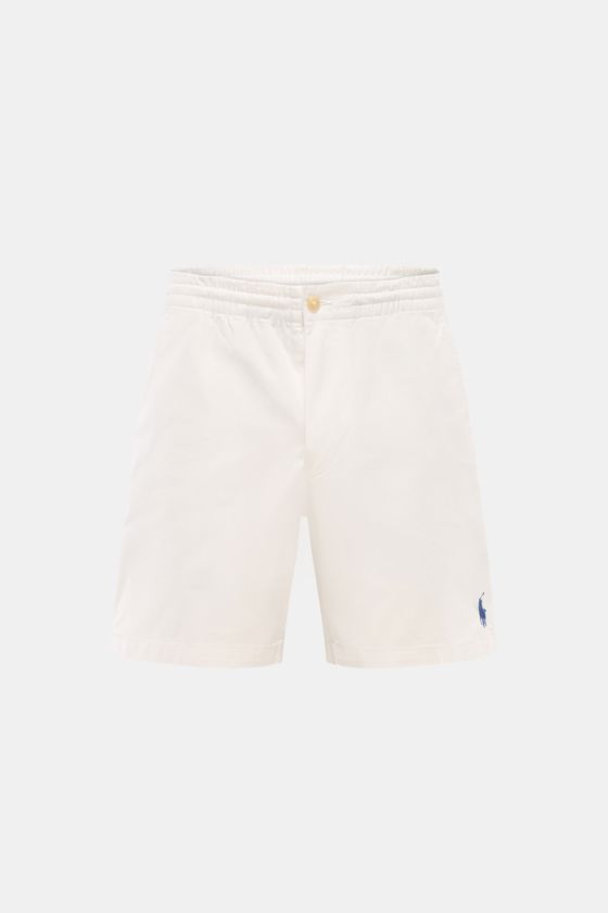 Polo Ralph Lauren Shorts 'Prepster' offwhite, frontale Nahaufnahme, leichter Baumwoll-Twill, elastischer Bund mit Tunnelzug, Logo-Stitching vorne. Polo Ralph Lauren Shorts 'Prepster' offwhite, frontale Nahaufnahme, leichter Baumwoll-Twill, elastischer Bund mit Tunnelzug, Logo-Stitching vorne.