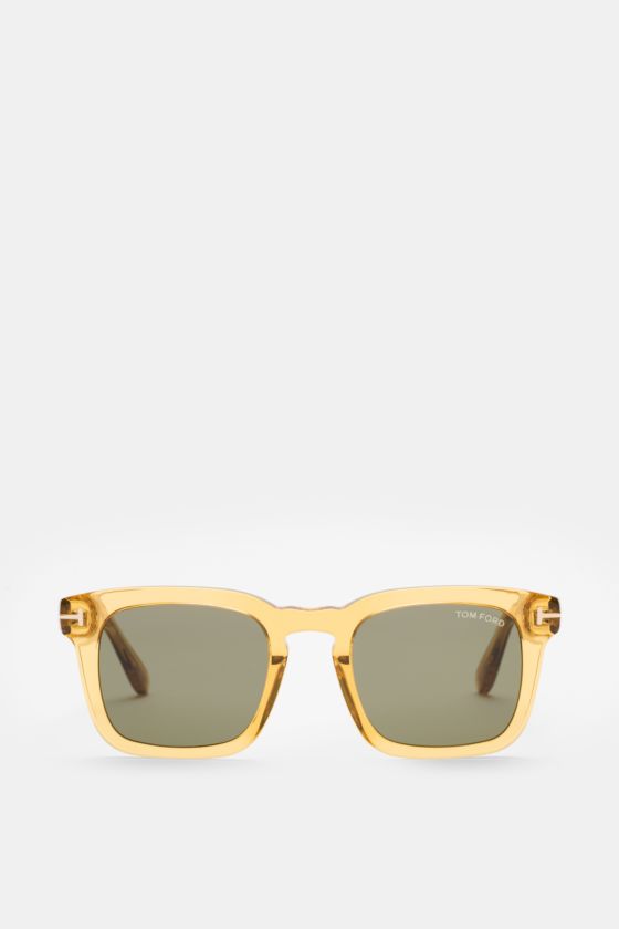 Tom Ford Sonnenbrille 'Dax' gelb/grün, frontale Nahaufnahme, 1960er Herrenbrillen-Stil, eckiger Acetat-Rahmen, polarisierte Gläser, UV-Schutz. Tom Ford Sonnenbrille 'Dax' gelb/grün, frontale Nahaufnahme, 1960er Herrenbrillen-Stil, eckiger Acetat-Rahmen, polarisierte Gläser, UV-Schutz.