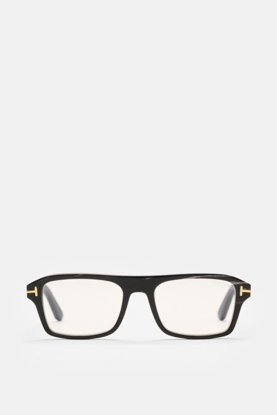 Tom Ford Horn Brille 'Private Collection' schwarz/grau gemustert, eckig, Büffelhorn, Blaulichtfilter, goldene Details, Frontansicht. Tom Ford Horn Brille 'Private Collection' schwarz/grau gemustert, eckig, Büffelhorn, Blaulichtfilter, goldene Details, Frontansicht.