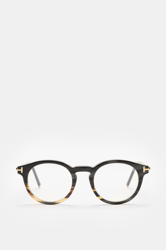 Tom Ford Horn Brille 'Private Collection' schwarz/grau gemustert, runde Form, Büffelhorn, Blaulichtfilter, T-Form Detail, frontal fotografiert. Tom Ford Horn Brille 'Private Collection' schwarz/grau gemustert, runde Form, Büffelhorn, Blaulichtfilter, T-Form Detail, frontal fotografiert.