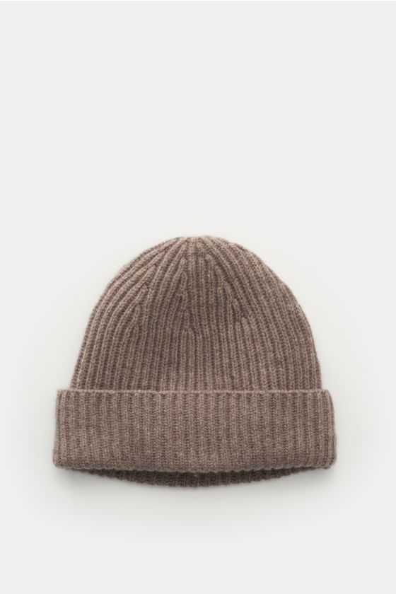 Cruciani Cashmere Mütze taupe, Patentstrickmuster, schmaler Umschlag, feines Strickbild, weicher Griff, aus reiner Cashmere, Draufsicht. Cruciani Cashmere Mütze taupe, Patentstrickmuster, schmaler Umschlag, feines Strickbild, weicher Griff, aus reiner Cashmere, Draufsicht.