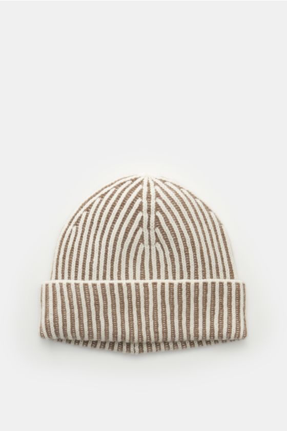 Moorer Mütze 'Davis-WSV' weiß/taupe gestreift, von oben fotografiert, Mix aus Wolle und Cashmere, sehr weicher Griff, zweifarbiges Patentmuster, grobes Strickbild, kleines Weblabel in der Naht. Moorer Mütze 'Davis-WSV' weiß/taupe gestreift, von oben fotografiert, Mix aus Wolle und Cashmere, sehr weicher Griff, zweifarbiges Patentmuster, grobes Strickbild, kleines Weblabel in der Naht.