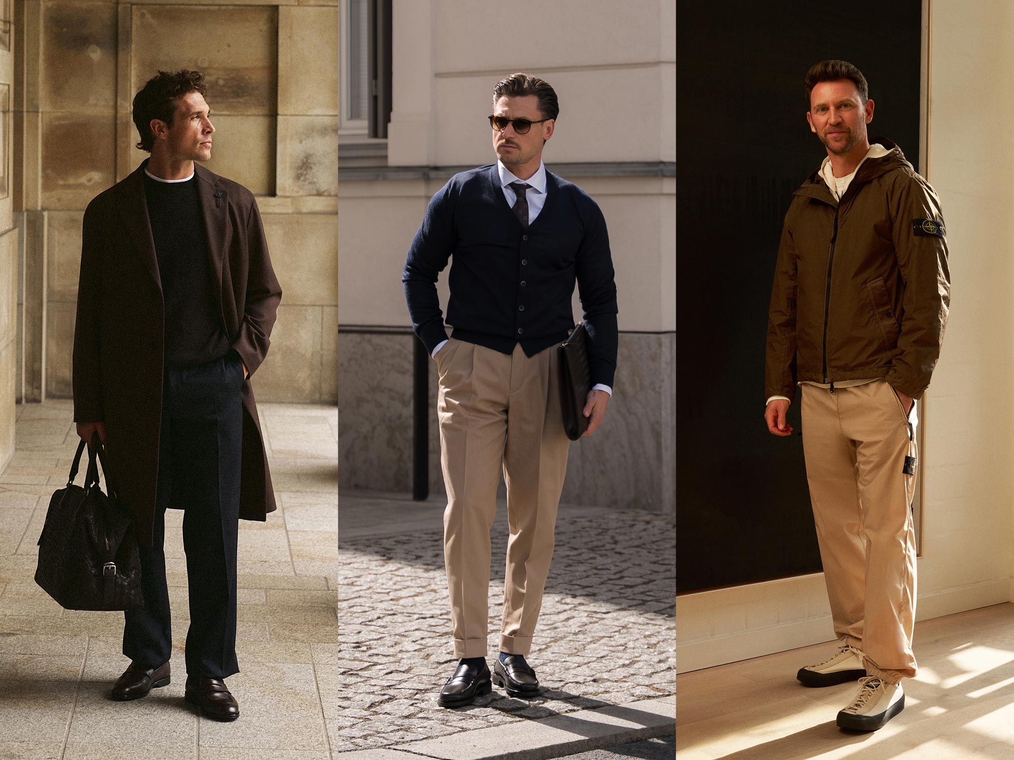 Three men in stylish outfits; left in dark coat with black bag, center in navy cardigan and beige pants, right in brown jacket and beige pants.