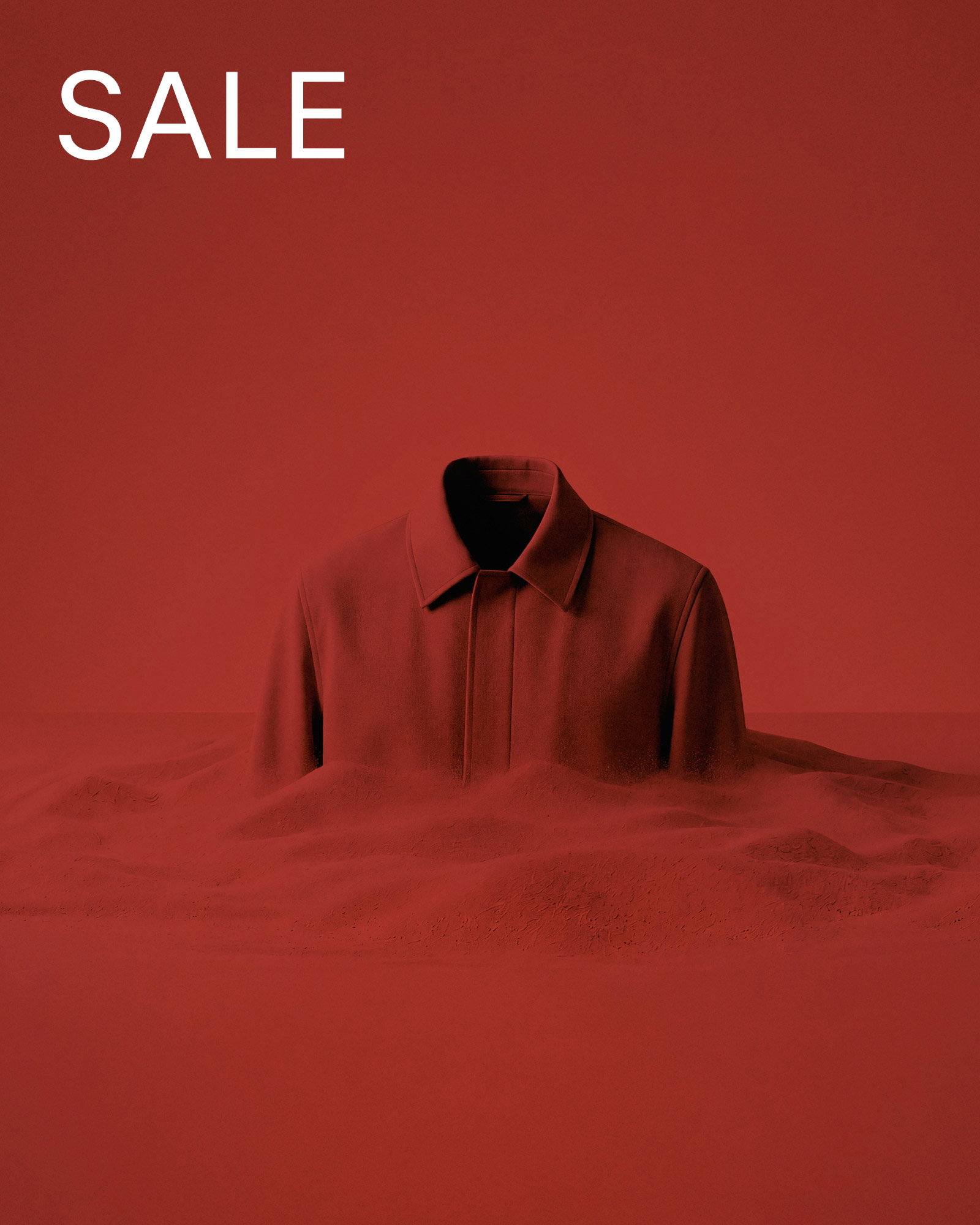 Red-toned image with a headless red coat emerging from red sand or fabric, and the word "SALE" in white text at top left.
