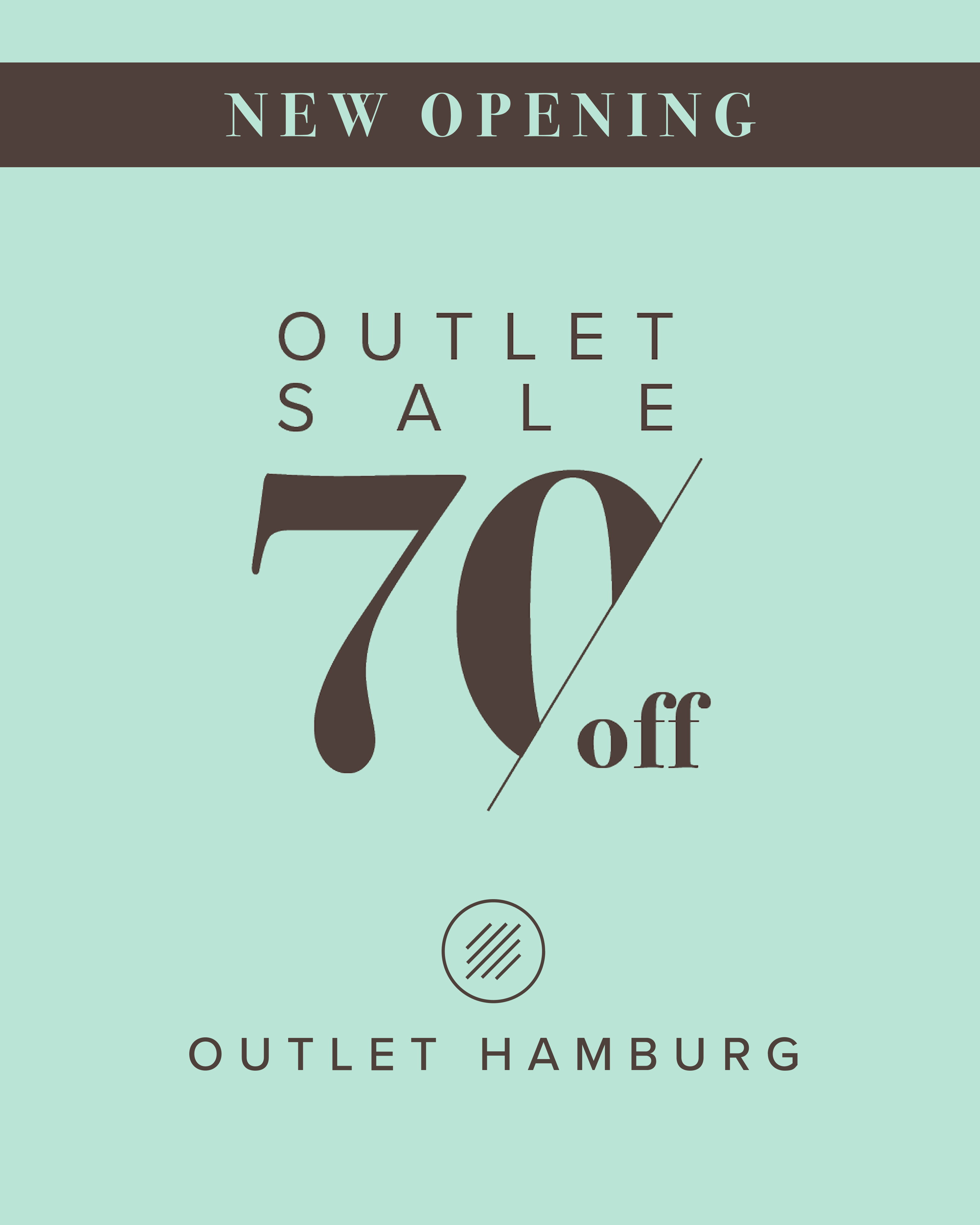 New opening announcement for Outlet Hamburg with a sale offering 70% off, displayed on a light turquoise background.