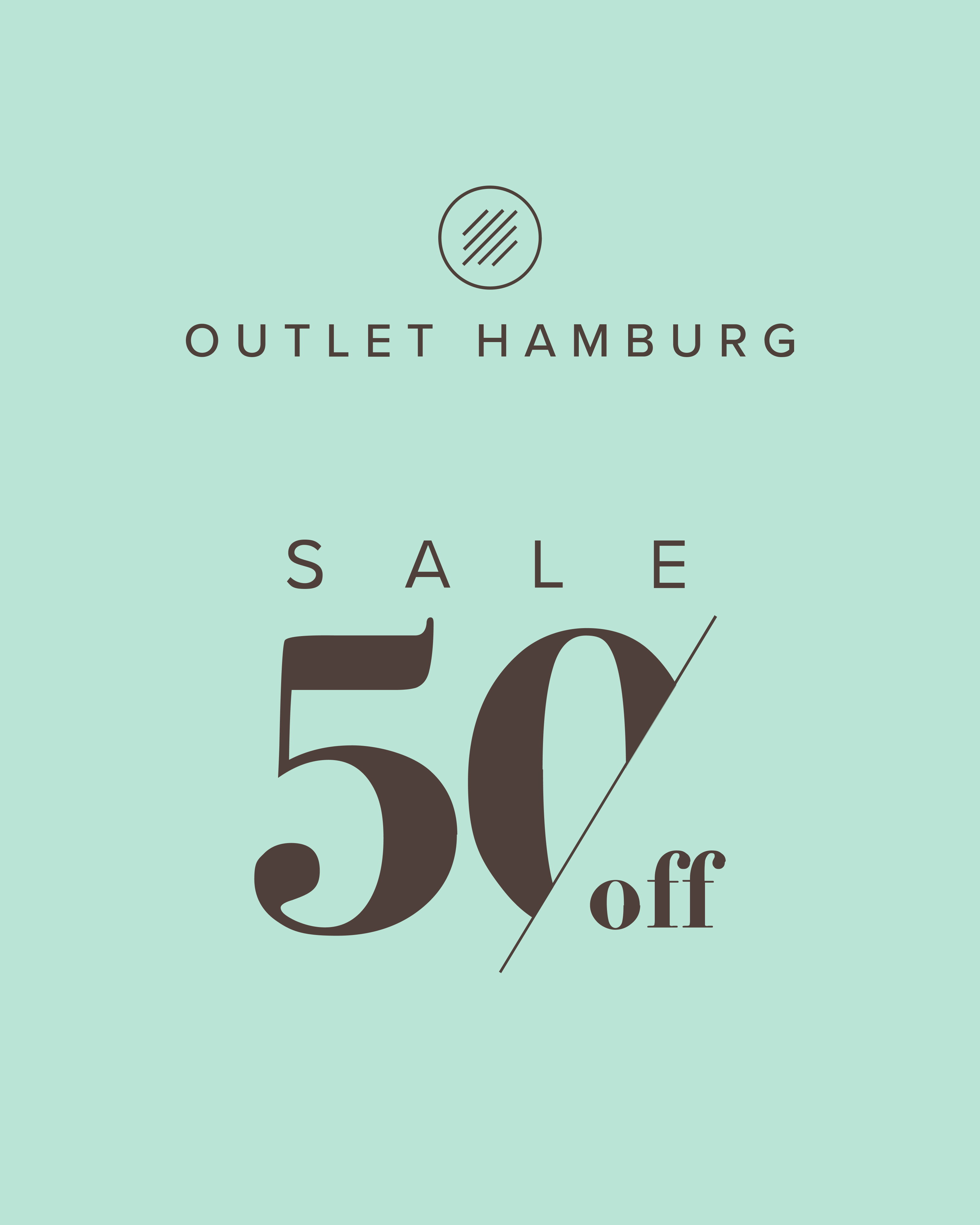 Logo und Schriftzug "Outlet Hamburg" auf mintgrünem Hintergrund mit großem "Sale 50% off" Hinweis in brauner Schrift.