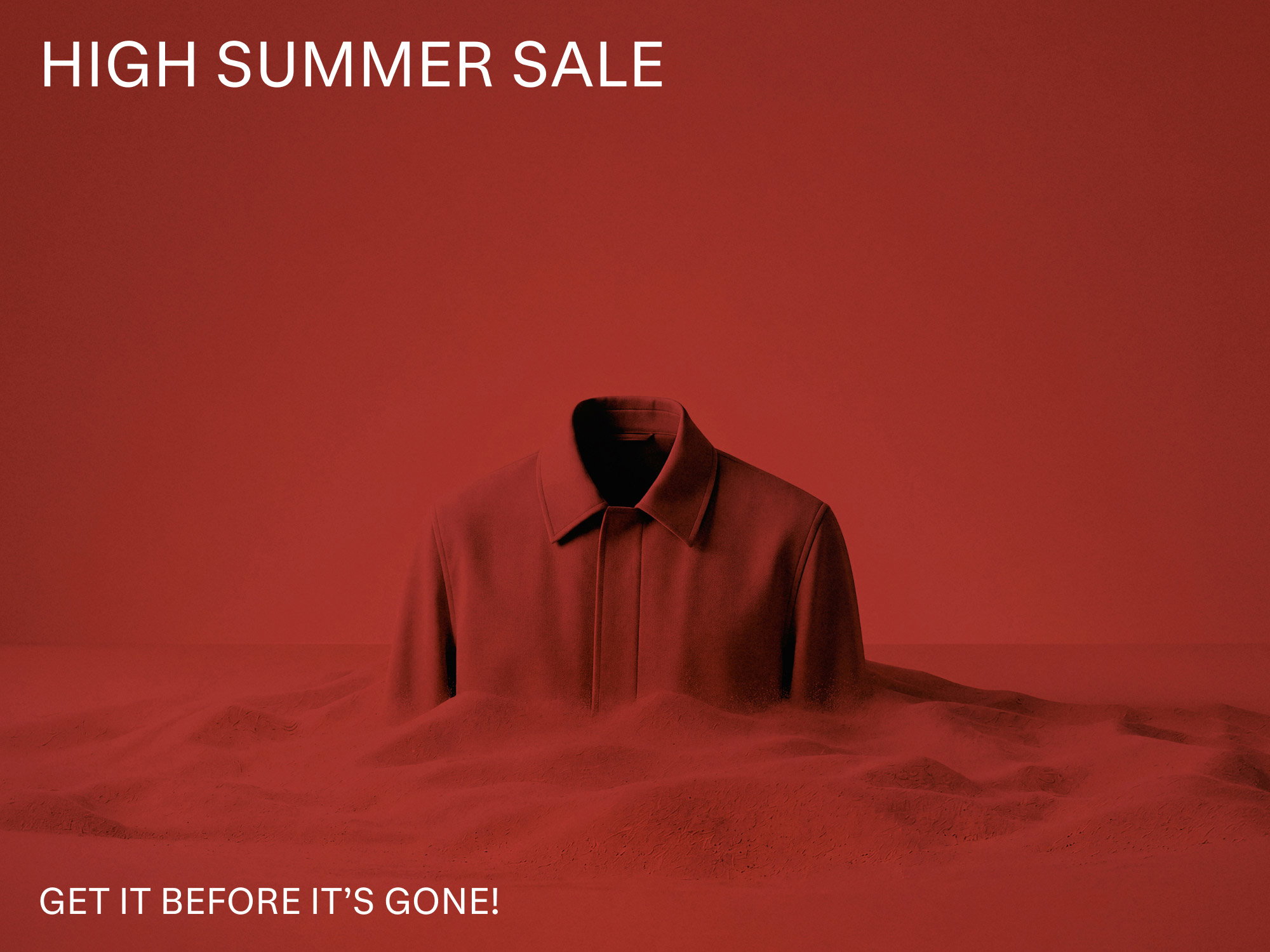 Roter Mantel ohne sichtbaren Körper steht in roter Sandlandschaft vor rotem Hintergrund mit Schriftzug High Summer Sale.