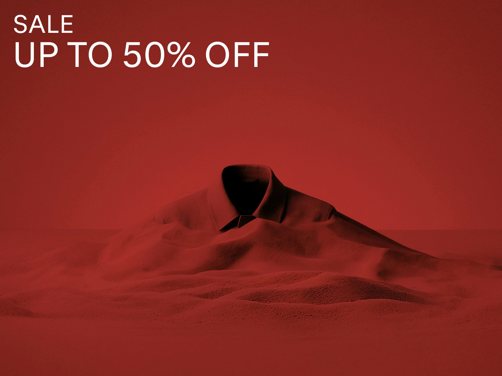 Rotes Bild mit weißem Text "SALE UP TO 50% OFF" und einer roten Hemdenlandschaft, die wie eine Wüste aussieht.