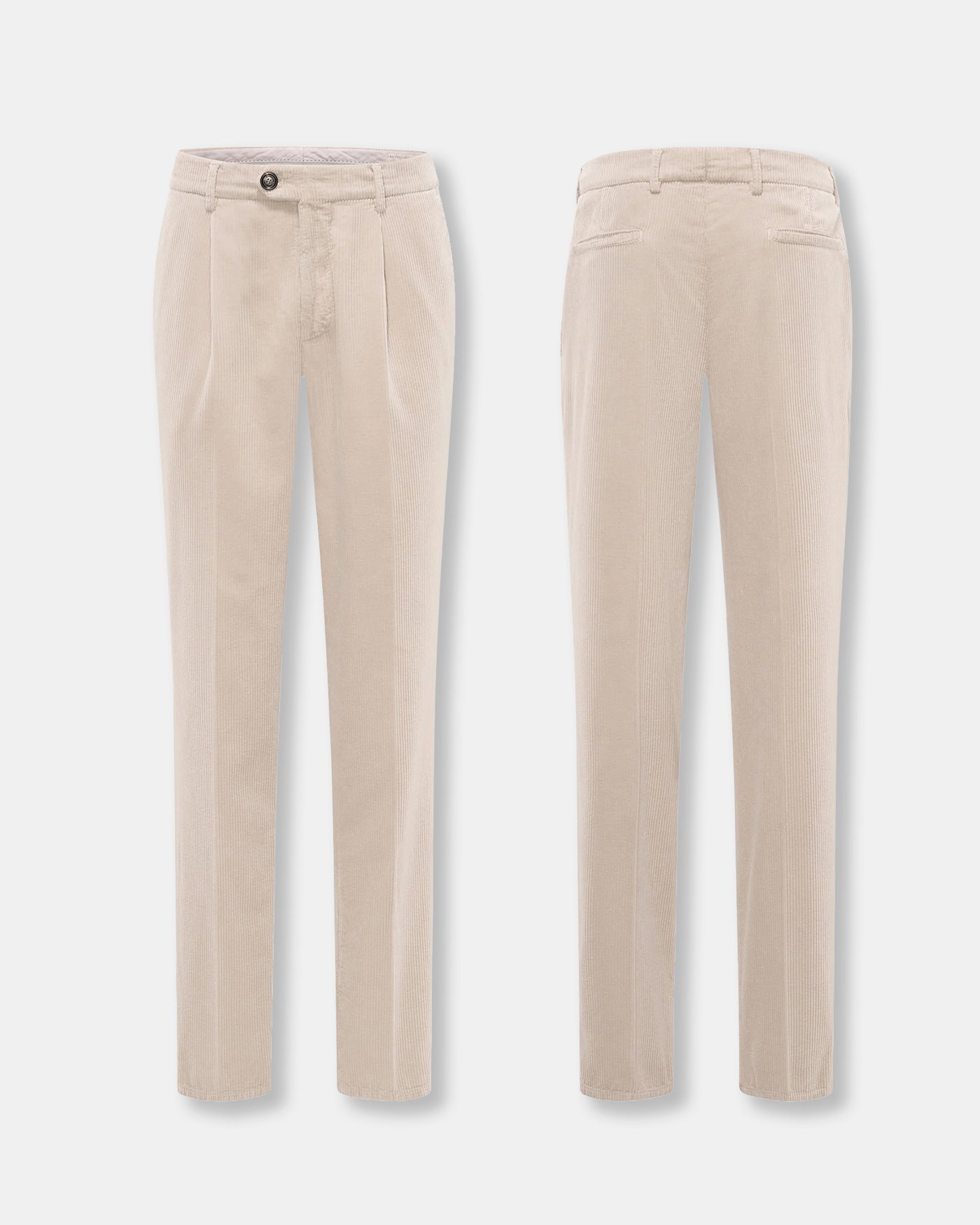 Beige Cordhose, Vorder- und Rückansicht, mit Bund, Gürtelschlaufen, Knopfverschluss und zwei Taschen hinten.