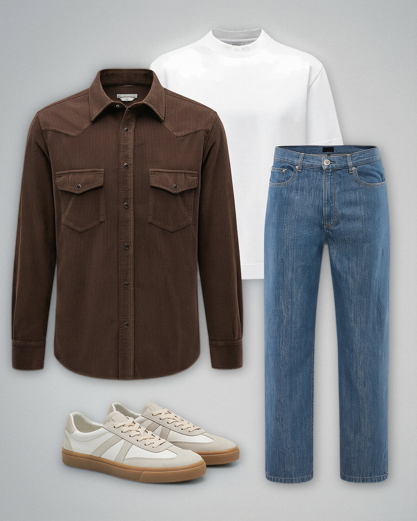 Braunes Cordhemd, weißes T-Shirt, blaue Jeans und weiße Sneaker mit brauner Sohle vor grauem Hintergrund.