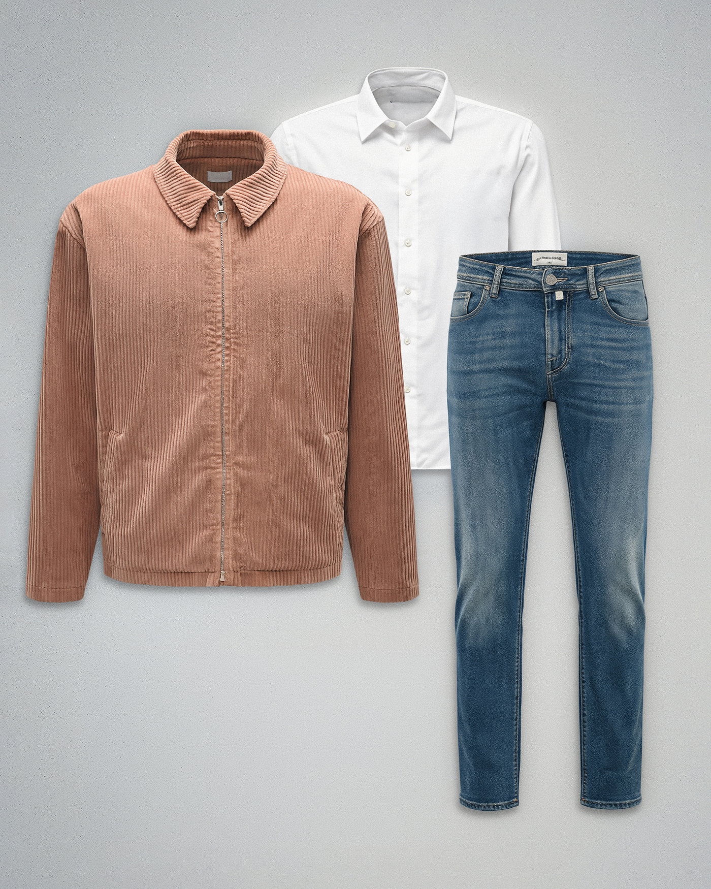 Beige Cordjacke mit Reißverschluss, weißes Hemd und blaue Jeans auf grauem Hintergrund.