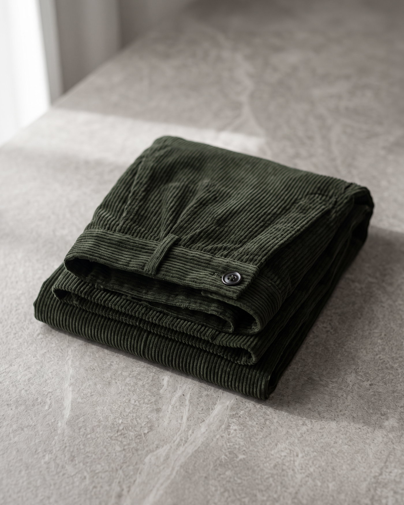 Gefaltete olivgrüne Cordhose für Herren mit Bundschlaufe und Knopf liegt auf hellgrauer Marmoroberfläche.