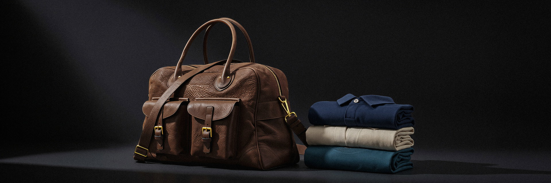 Dunkelbrauner Leder-Weekender mit zwei Fronttaschen neben drei sorgfältig gefalteten Hemden in Blau, Beige und Petrol vor dunklem Hintergrund.