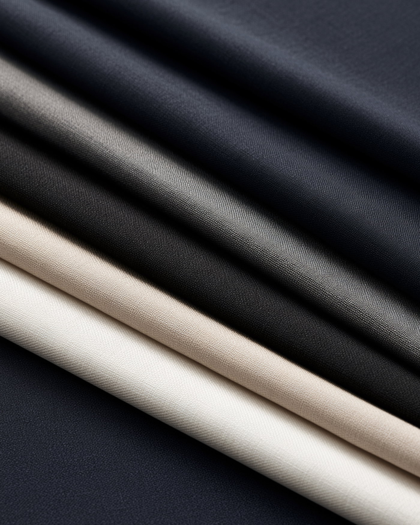 Gefaltete Stoffmuster in gedeckten Farben wie Creme, Beige, Schwarz, Grau und Navy mit feiner Struktur.