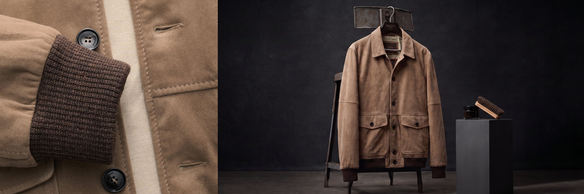 Brauner Herren-Wildlederblouson mit braunen Rippbündchen, Knöpfen, auf Stuhl hängend, neben Schuhcreme und Bürste.