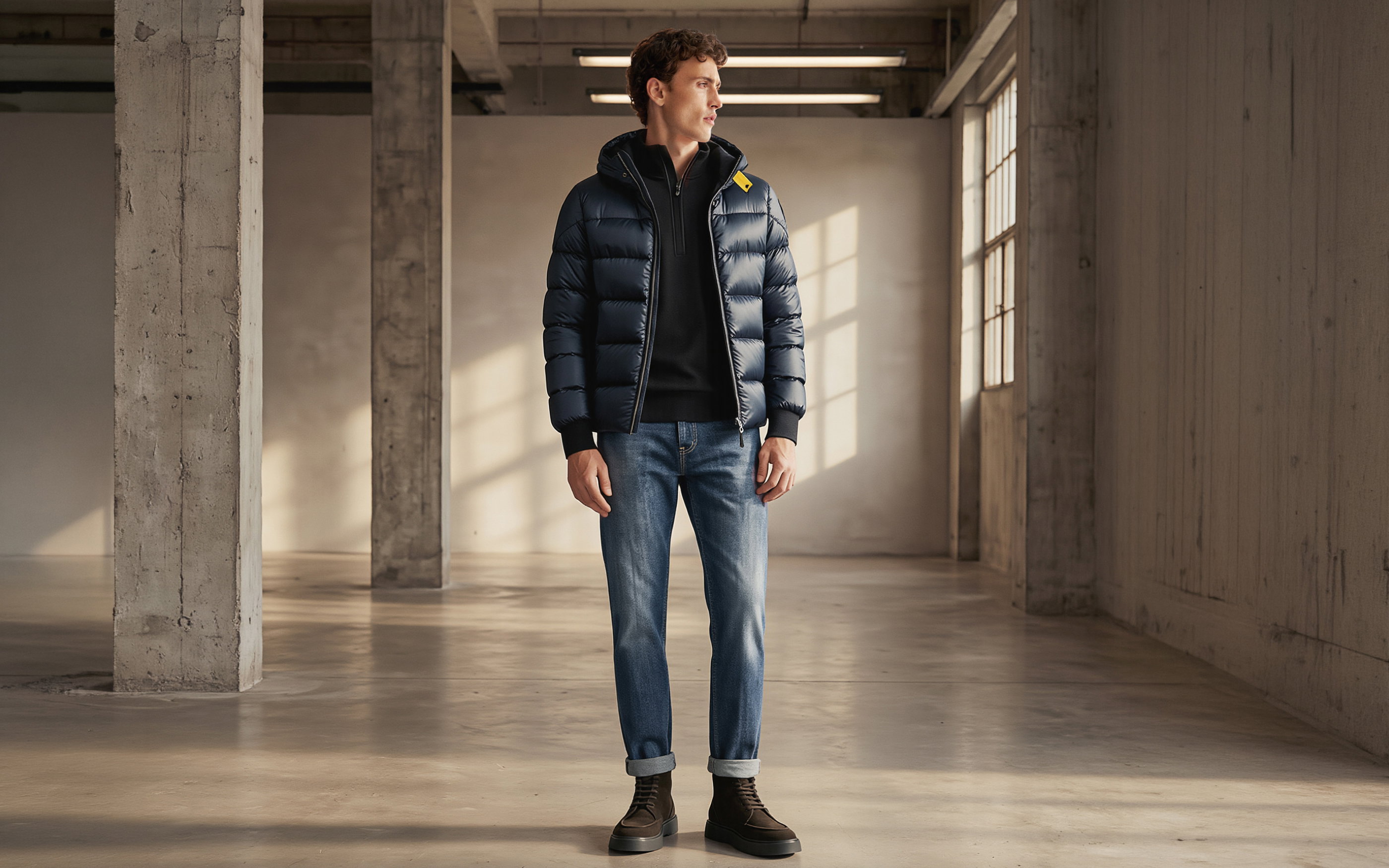 Mann steht in hellem Industrie-Studio mit blauer Daunenjacke, schwarzem Troyer, Jeans und braunen Boots, schaut nach rechts.