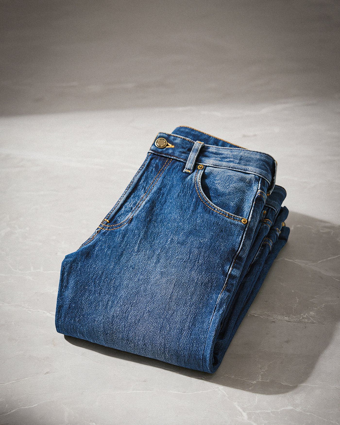 Gefaltete, blaue Herren-Jeans aus Denim mit sichtbaren Nähten und Metallknopf, liegend auf hellem Marmorboden.